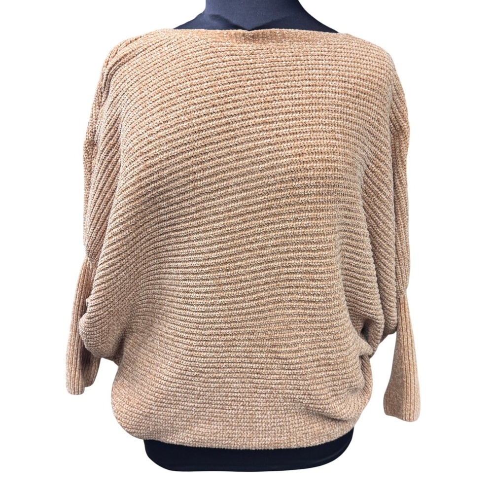 HYFVE Womens Sweater Size M Brown Chenille Dolman Sleeve Boat Neck Top Oversized